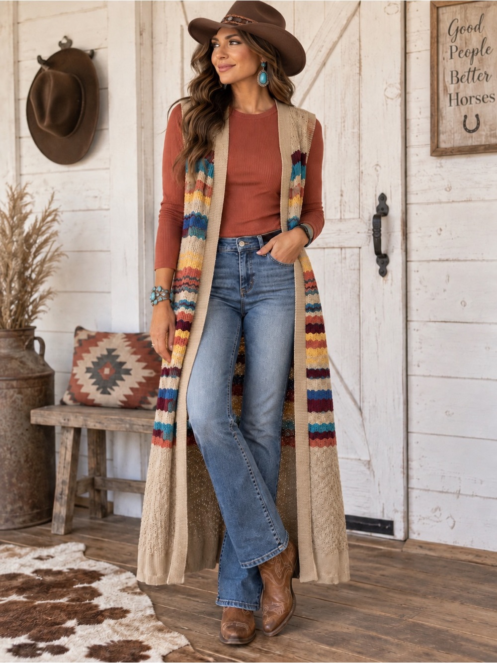 Stetson Long Knit Duster Vest Multicolor Stripe Western Boho Sz M
